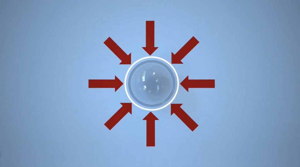 Glaskügelchen, rundum rote Pfeile als Symbol für Druck