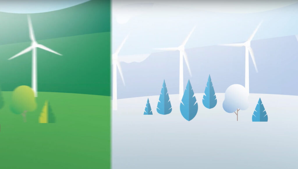 Grafik: Landschaft mit Windrädern, links Sommer, rechts Winter