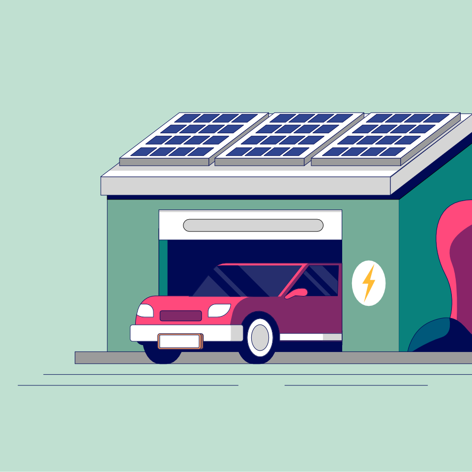 Auto fährt aus Garage mit Solaranlage auf dem Dach